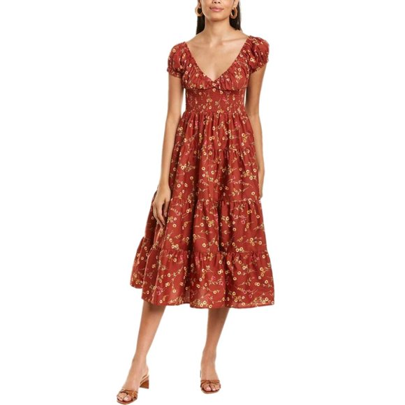 DANIELLE BERNSTEIN Dresses & Skirts - Danielle Bernstein Poplin Tiered Maxi Dress Floral Smocked V-Neck Rust Size S